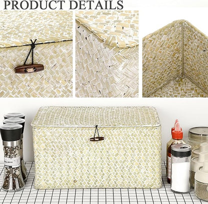 Hipiwe Wicker Shelf Baskets Bin with Lid, Large Natural Seagrass Basket Storage Bins Handwoven Rectangular Household Basket Boxes for Shelf Wardrobe Home Organizer and Decor, Whitewash