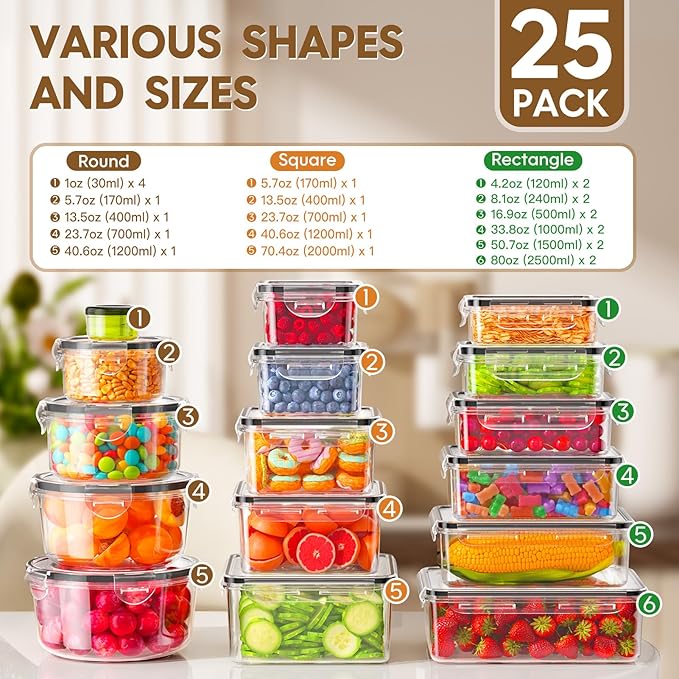 KEMETHY 50 PCS Food Storage Containers with Lids Airtight, Total 629oz, BPA-free, Food-grade, Eco-friendly Material, Leak Proof Plastic Containers, Microwave/Dishwasher Safe