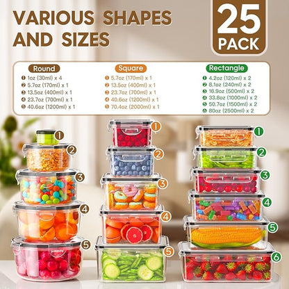 KEMETHY 50 PCS Food Storage Containers with Lids Airtight, Total 629oz, BPA-free, Food-grade, Eco-friendly Material, Leak Proof Plastic Containers, Microwave/Dishwasher Safe