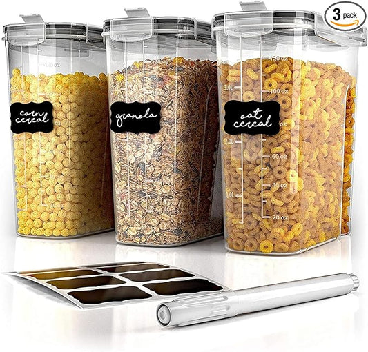 Simply Gourmet Airtight Cereal Containers with Lids – 3 Piece Tall Kitchen Pantry Organization Set, BPA-Free Clear Plastic, Pour Spout Lids for Breakfast Cereal, Rice, Flour, Sugar, Snacks
