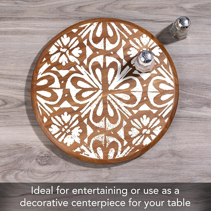 CounterArt Decorative Round Natural Wood Lazy Susan Turntable 14" Diameter Condiment Caddy, Cheese Server, Cake Plate, Spice Organization (White Tile Medallion)