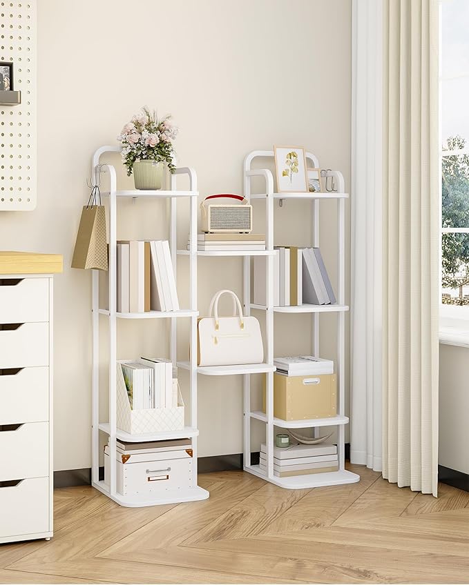 Hzuaneri 6 Tiers Vertical Shoe Rack, Narrow Shoe Tower, Tall Shoes Shelf with 2 Hooks, Adjustable Shelves, Corner Shoes Shelves for Small Spaces, Entryway, Living Room, White SR04213W