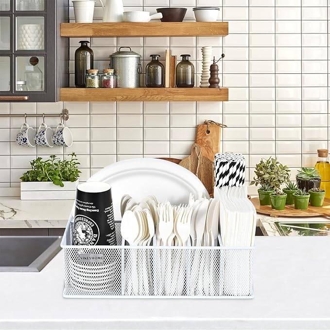 VIKEYHOME Paper Plate Organizer, Metal Silverware Caddy with 6 Compartments for Knives, Spoons, Cups, Forks, Napkins, Utensil Holder for Party, Camping, Picnic, White