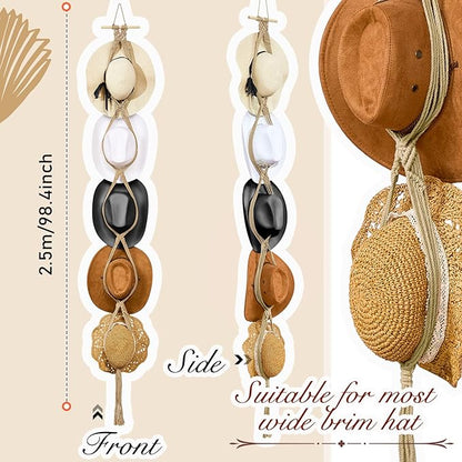 Yulejo Macrame Hat Hangers Racks Boho Cowboy Hats Holders Western Display Organizer Storage decor Back of Door for Wall(Beige,Five Hats Style)