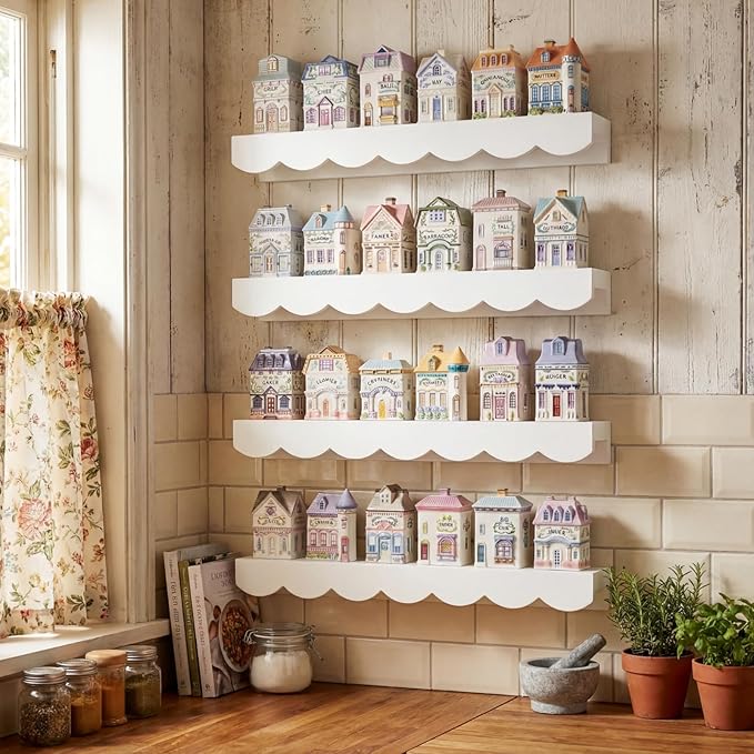 Chunful 4 Tiers Spice Rack Wall Mounted Scalloped Display Country Wooden Spices Shelf for 24 Jars Kitchen Storage, Shelf Only, 15.75 x 4.72 x 1.97 Inches