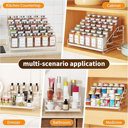 BOIVSHI Tiered Spice Rack, 4 Tier Spice Shelf Organizer for Cabinet, Spice Rack Organizer, Depth Adjustable Seasoning Rack Organizer for Cabinet, Countertop, Pantry, Metal, White (1 Pack)