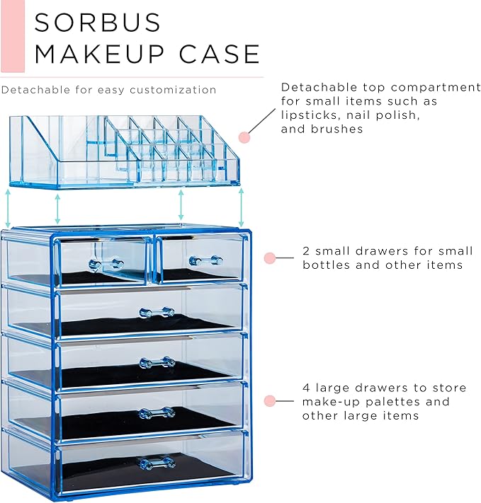 Sorbus Acrylic Makeup Organizer Set, 6-Drawer Vanity & Countertop Cosmetic Storage with Small & Wide Compartments, Blue Brilliance Makeup Storage for Brushes, Jewelry – Holiday Gift for Women & Teens