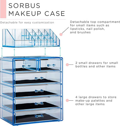 Sorbus Acrylic Makeup Organizer Set, 6-Drawer Vanity & Countertop Cosmetic Storage with Small & Wide Compartments, Blue Brilliance Makeup Storage for Brushes, Jewelry – Holiday Gift for Women & Teens