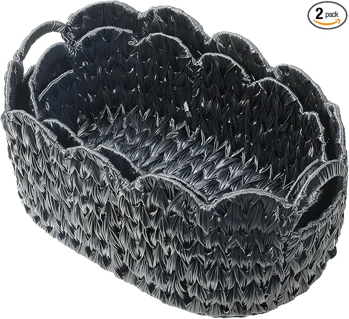 Coeusy Wicker Scalloped Basket Set of 2,Woven Storage Baskets for Shelves,Closet,Laundry,Gift,Towels,Books,Toys,Waterproof Decor Basket for Organizing,Black Oval