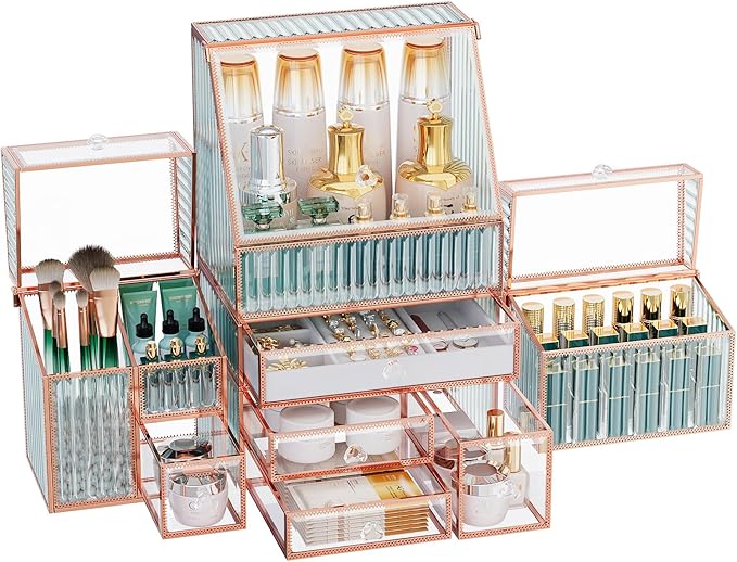 Youdepot Large Makeup Organizer, Glass Cosmetic Storage with Drawers, Stackable Makeup and Jewelry Organizer for Vanity Table, Bathroom Countertop, Skincare, Lipsticks, Perfume, Brushes