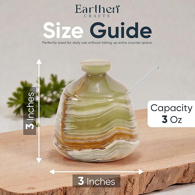 Marble Salt Cellar with Lid Green 3 Inches Salt Holder Seasoning & Spice Jar with Spoon Container, Modern Salt Keeper for Kitchen Countertop, 3 OZ Capacity