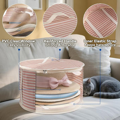 1 Pack Hat Storage Box with Clear Window, Holds up to 7 Caps Cowboy Hat Organizer Bag for Closet for Wide Brim Hats with Carrying Handles, Pink