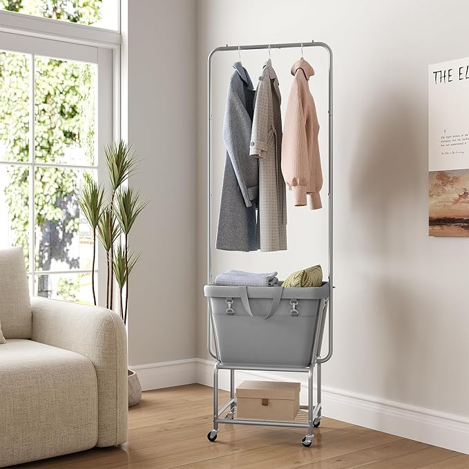 ELYKEN Laundry Cart with Hanging Rack, Rolling Laundry Hamper with Wheels, Laundry Basket with Removable Liner Bag and Shelf, Sturdy Metal Frame Dirty Clothes Basket for Hotel, Home, Closet, Dorm