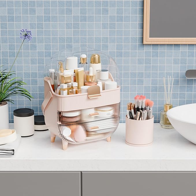 Yieach Countertop Makeup Organizer With Lid,Large Skincare Organizers With 2 Drawers,Dustproof Cosmetic Display Cases for Bathroom,Dresser,Lotion,Beauty,Skin Care Holder,Makeup Storage Organizer,Pink