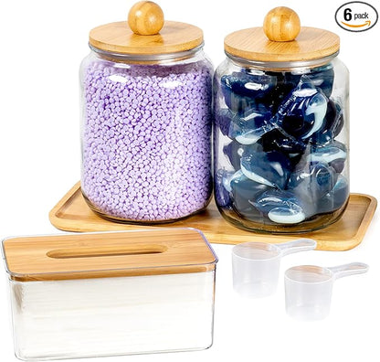Glass Laundry Jars with Airtight Lids - Kitchen & Laundry Room Organization Containers with Dryer Sheet Holder,Bamboo Tray - Laundry Detergent Powder Half Gallon Storage Canisters with Labels