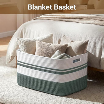75L Large Blanket Basket, 22"x17"x12"Rectangle Cotton Rope Woven Storage Basket with Handles, Laundry Hamper for Living Room, Nursery, Bedroom - Chemical-Free, Kid & Pet Safe - Sage Green