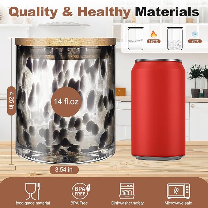 HEADAK LIFE Set of 2 Hand Blown Glass Food Storage Containers with Lids 14oz Jar with Lid Coffee Container,Spice,Sugar,Tea,Flour,Nuts,Decorative Jars for Countertop(black ＆ white)