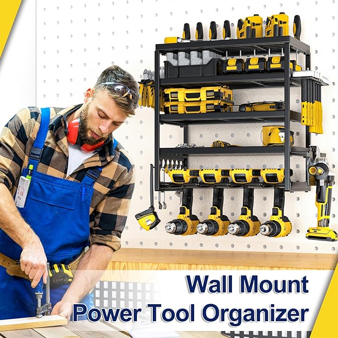 Power Tool Organizer, 5 Layer Drill Holders Wall Mount, Heavy Duty Metal Organizers and Storage Rack for Garage Organization, Tools Shelves with Screwdriver Plier Hammer Holder, Black