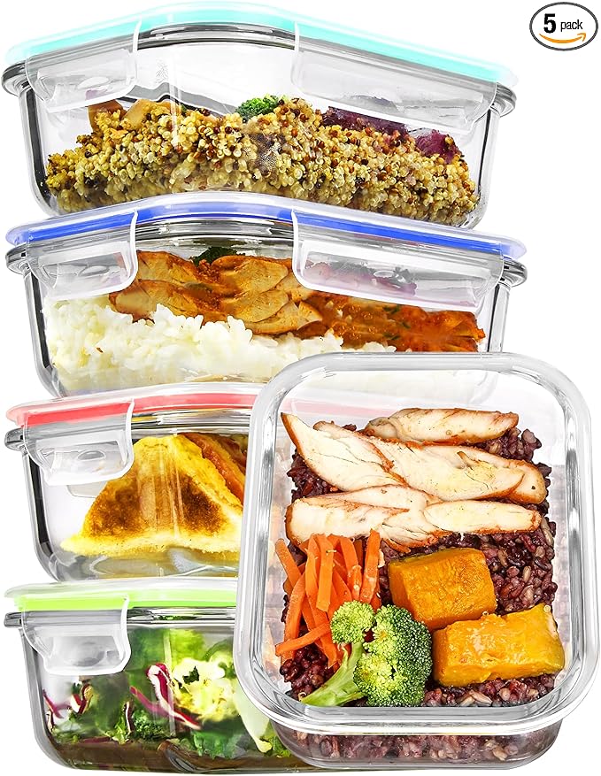 Vtopmart 5Pack 22oz Glass Storage Containers with Lids, Glass Meal Prep Food Container Sets with Snap Airtight Lids for Microwave, Oven, Freezer and Dishwasher, Multicolour