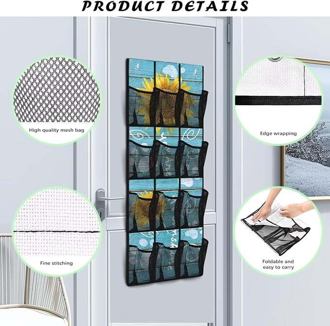Sunflowers Behind The Door Organizer Easy to Install Boards Door Hanger Organizer for Closet Mesh Fabric Blue Shoe Holder Hanger for School