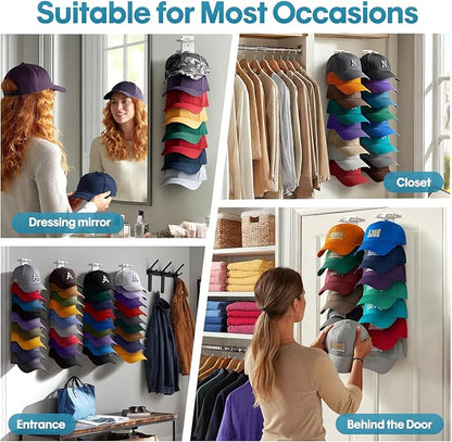 Hat Organizer for Baseball Caps Wall, 2 Pack Hat Holder for Closet Door Hold up to 16 Hats,Hat Hook with Adhesive and 8 Screws, Hat Hanger Cap Holder Hat Hangers for Wall Closet Door Bedroom(A-White)
