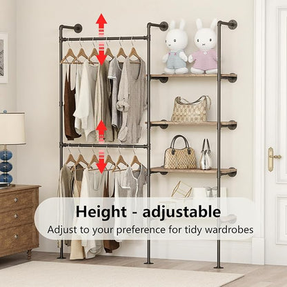 Industrial Pipe Clothing Rack, Heavy Duty Adjustable Garment Hanger with Shelves, 2 Installation Methods Closet Storage System for Wardrobe Organization (Black, 80" H x 55" W)