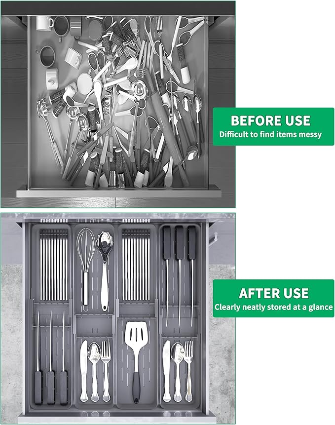 Kitchen Drawer Silverware Organizer, Adjustable Cutlery Organizer, Expandable Utensils Holder, Silverware Dividers Tray, Storage for Flatware, Large Drain Board (Gray,2 Sets)