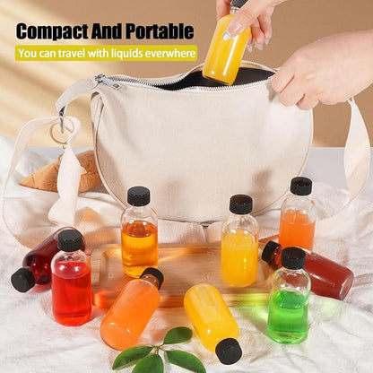 2oz Small Clear Glass Bottles with Lids, 2 Stainless Steel Funnel, 12 Labels, 1 Chalk Marker, 1 Brush - Reusable Boston Bottle for Juice, Ginger Shot, Wellness, Oils, Liquids, Leakproof Travel Bottle