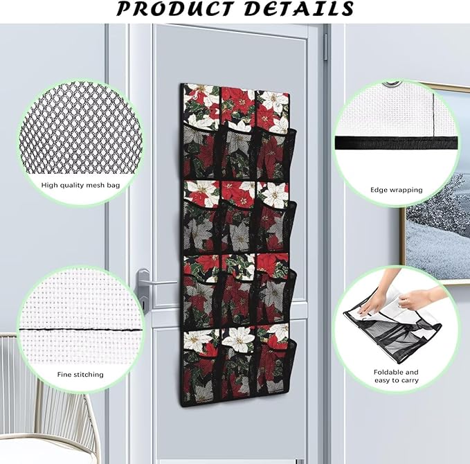 Poinsettia Flower Behind Door Organizer for Dorm Room Essentials,Xmas Decor Over The Door Hanging Organizer for Living Room,Large Capacity and 12 Pockets Wall Hanging Storage