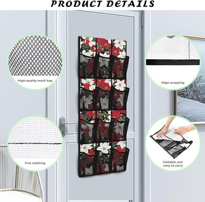 Poinsettia Flower Behind Door Organizer for Dorm Room Essentials,Xmas Decor Over The Door Hanging Organizer for Living Room,Large Capacity and 12 Pockets Wall Hanging Storage