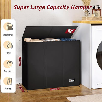 195L Laundry Hamper 3 Section,Large Laundry Hamper with Lid,Dirty Clothes Hamper with 3 Inner Bags,Collapsible Laundry Basket Organizer for Laundry Room,Bedroom,Laundry Sorter Hamper 3 Compartment