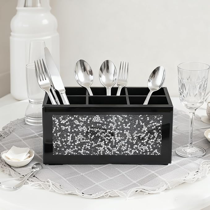 SHYFOY Silverware Holder, Kitchen Utensil Caddy with 6 Compartments, Cutlery Storage Organizer Countertop, Flatware Organizer for Party, Spoon, Fork Holder, Black