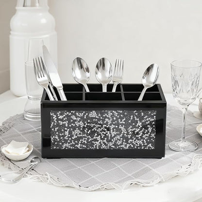 SHYFOY Silverware Holder, Kitchen Utensil Caddy with 6 Compartments, Cutlery Storage Organizer Countertop, Flatware Organizer for Party, Spoon, Fork Holder, Black