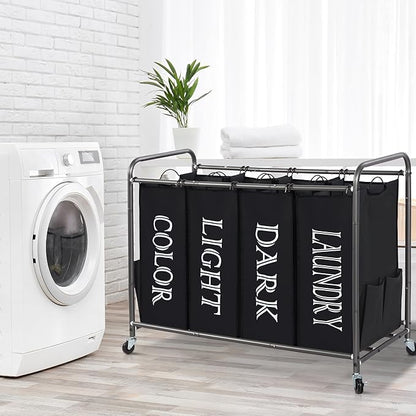 STORAGE MANIAC Laundry Sorter 4 Section, 47.8 Gal (181 L) Laundry Hamper with Wheels, Clothes Divider Basket Sorter, Clothes Separator Hamper Cart with Wheels and Removable Bags, Label Black