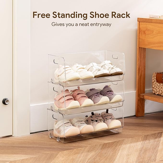 HBlife Clear Acrylic Kids Shoe Rack Baby Toddler Shoe Storage Organizer for Closet Floor Entryway Bedroom, 3 Tier Stackable Small Shoe Rack Shelf Display Stand