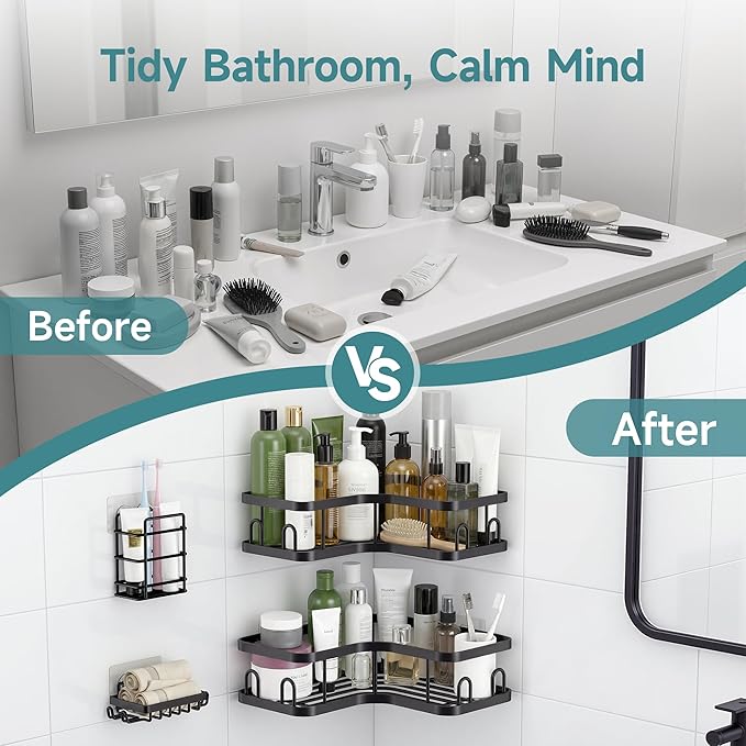 Veken Corner Shower Caddy 4-Pack, Advanced Rustproof Design, No Drilling Adhesive Shelves, Rack with Soap Holder, Large Capacity Bathroom Organizers and Storage, Wall-Mounted Kitchen&Home Decor,Black