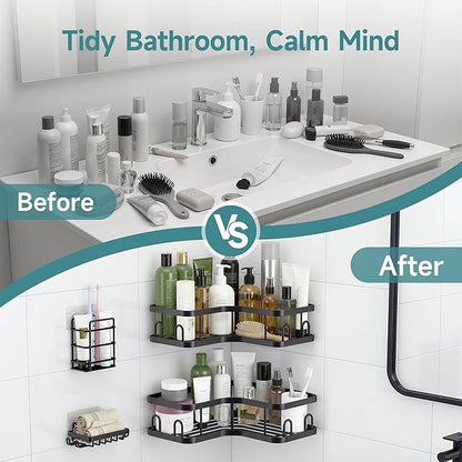 Veken Corner Shower Caddy 4-Pack, Advanced Rustproof Design, No Drilling Adhesive Shelves, Rack with Soap Holder, Large Capacity Bathroom Organizers and Storage, Wall-Mounted Kitchen&Home Decor,Black