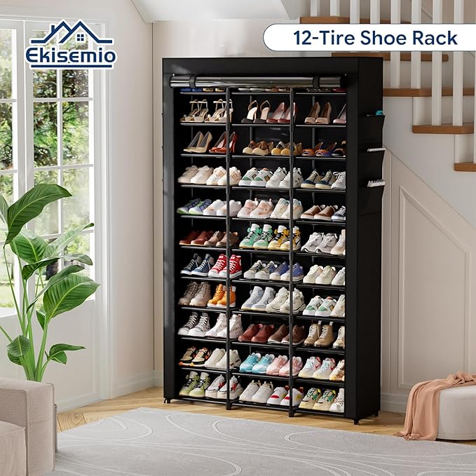Ekisemio 12-Tier Tall Shoe Rack with Covers – Holds 72 Pairs, Large Capacity Vertical Shoe Organizer – Space-Saving Storage for Closet, Entryway, Bedroom