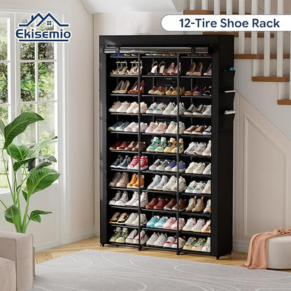 Ekisemio 12-Tier Tall Shoe Rack with Covers – Holds 72 Pairs, Large Capacity Vertical Shoe Organizer – Space-Saving Storage for Closet, Entryway, Bedroom