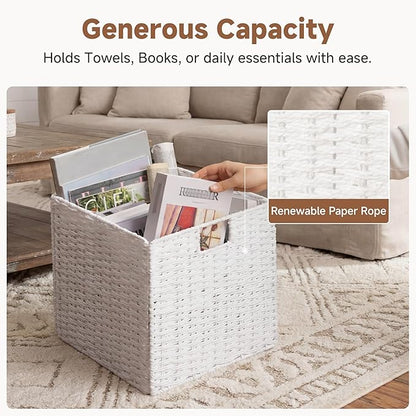 StorageWorks 13 inch Wicker Storage Baskets, Foldable Handwoven Wicker Basket for Organizing, Paper Rope Square Storage Cubes, White, 2 Pack