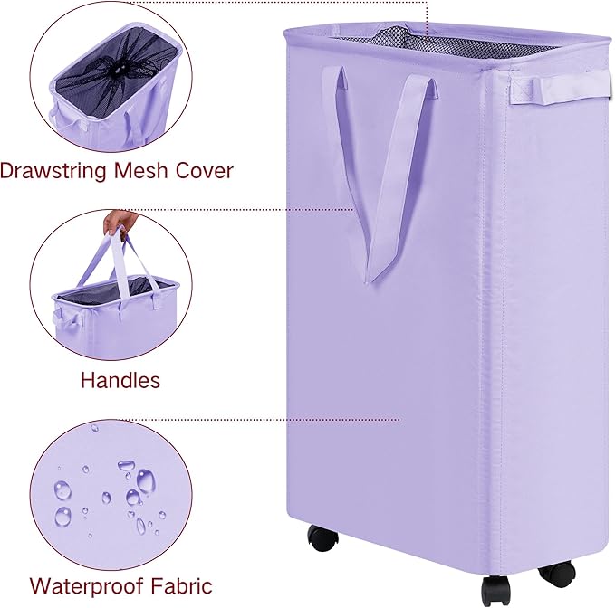 efluky Slim Laundry Hamper with Wheels, Rolling Laundry Basket for Clothes, Small Laundry Basket for Bedroom, Dorm and Laundry Room, 60L (12.7 Gallons) Purple