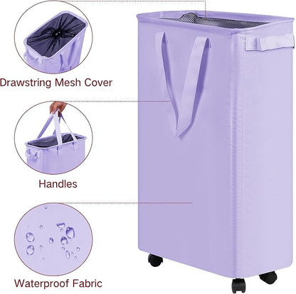 efluky Slim Laundry Hamper with Wheels, Rolling Laundry Basket for Clothes, Small Laundry Basket for Bedroom, Dorm and Laundry Room, 60L (12.7 Gallons) Purple