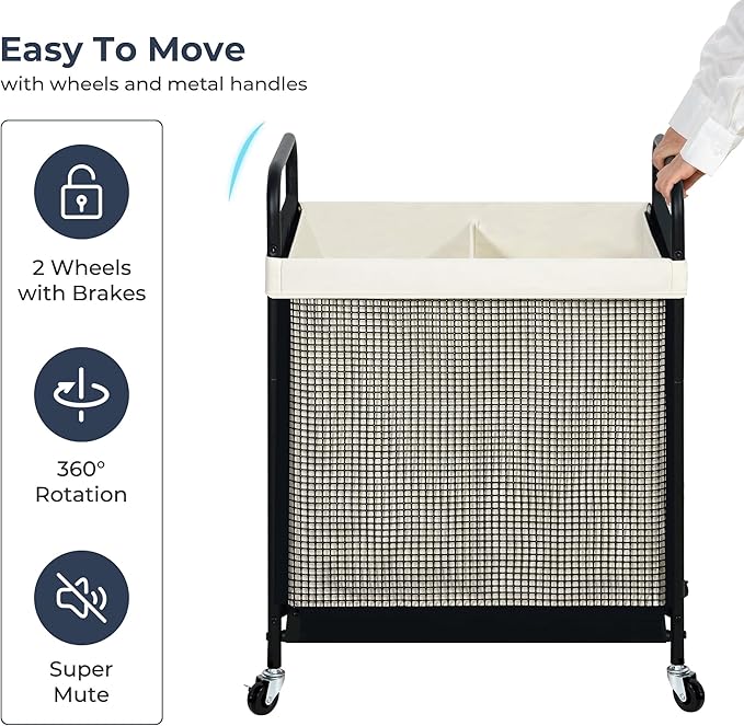 STO STO Laundry Hamper 2 Section, 100L Rolling Laundry Sorter Cart with Removable and Washable Liner Bag, Clothes Hamper with Wheels and Metal Handle for Laundry Room and Bedroom