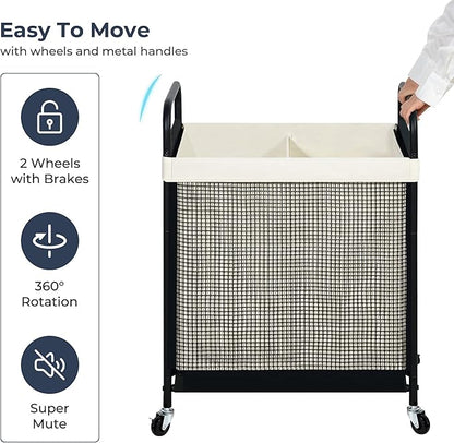 STO STO Laundry Hamper 2 Section, 100L Rolling Laundry Sorter Cart with Removable and Washable Liner Bag, Clothes Hamper with Wheels and Metal Handle for Laundry Room and Bedroom