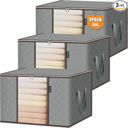BALEINE 3 Pack Clothes Storage Bags, 24 Gallon Storage Containers with Reinforced Handle, Sturdy Zipper, Closet Organizer for Blanket, Comforter, Pillow, Bedding (Grey, 3 Pack)