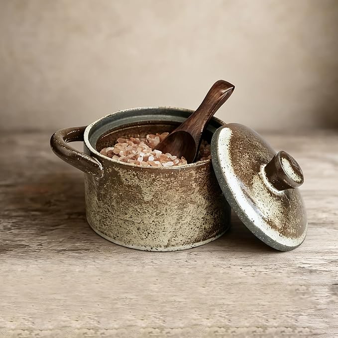 Handcrafted Speckled Ceramic Salt Cellar with Wooden Spoon, Rustic Vintage Spice Jar, Dishwasher Safe, 8.45 fl oz (Peckled Ceramic)