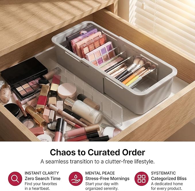 Li&Zhao Drawer Organizer- Adjustable Storage Bins with 5 Dividers, Gray Clear Drawer Organizer for Kitchen, Bedroom, and Office, Expandable clear organizer bins for Makeup, Utensils, and Gadgets