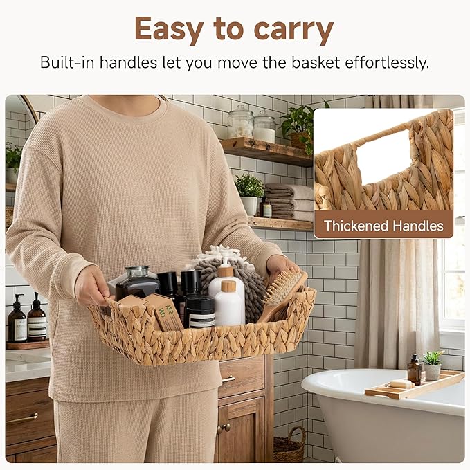 StorageWorks Water Hyacinth Baskets for Organizing with Built-in Handles, Stackable Wicker Pantry Baskets for Shelf, Pantry Organizers and Storage for Shelves,2-Pack