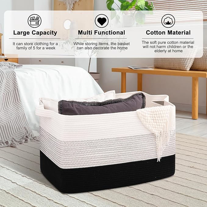OIAHOMY Extra Large Blanket Basket, 95L Cotton Rope Woven Laundry Basket, Toy Bin for Baby Room, Container for Blanket Storage in Living Room, 24''×17''×14'', Gradient Black