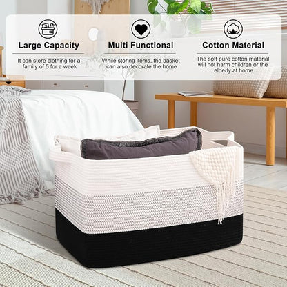 OIAHOMY Extra Large Blanket Basket, 95L Cotton Rope Woven Laundry Basket, Toy Bin for Baby Room, Container for Blanket Storage in Living Room, 24''×17''×14'', Gradient Black
